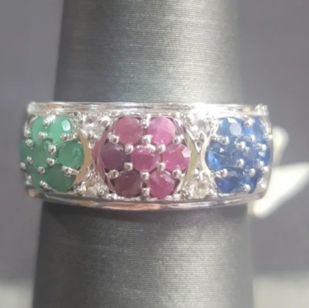 R342  Natural Ruby, Emerald, Sapphire, Diamond Ring Size 6